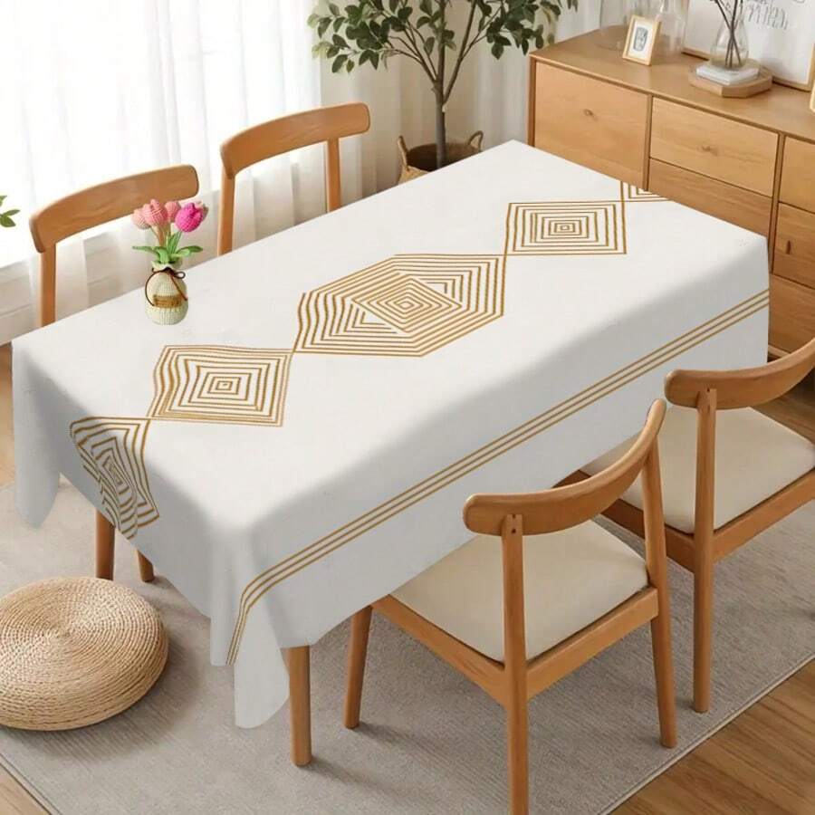 1pc Minimalist Gold Line Striped Geometric Tablecloth, Luxurious Dual-Color Dining Room Decor, Washable Modern Rectangular Polyester Tablecloth For Home, Dining Room, Living Room, Party, Indoor/Outdoor Use - Multicolor - View 1