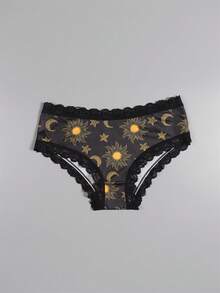 Dircho 5pcs Women's Mystic Print Briefs Set & Celestial & Mushroom & Deer Pattern & Black Lace Trim & Soft Fabric & Dark Tone Scheme & Daily Comfort Underwear & Enchanting Casual Style - Multicolor - View 4