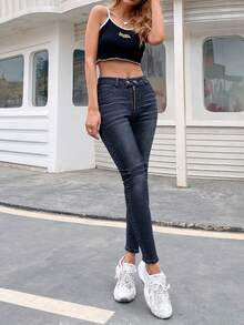 Happy Girl休闲弹力腰拉链牛仔裤，春夏百搭，适合休闲、时尚、日常穿着、生日派对、返校派对、单身派对、旅行、机场、下午茶派对等场合。 - 黑色 - 查看 4