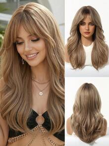 Tóc giả màu vàng sẫm thanh lịch có mái, độ dài trung bình, tóc giả tổng hợp xoăn, chịu nhiệt, hoàn hảo cho phụ nữ sử dụng hàng ngày và dự tiệc, quà tặng tóc giả cho phái đẹp. - Vàng - Xem 12