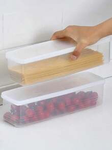 Recipiente de almacenamiento de alimentos de plástico reutilizable con tapa, caja organizadora rectangular para el refrigerador para cebollas, cilantro, ajo, pasta, huevos y talla grande, lavar a mano, esencial de cocina - 26*7,5*5,3 cm - Ver 7