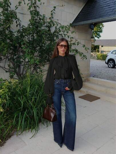 Women's Elegant Casual Stand Collar Sheer Long Sleeve Blouse - Ruffle Trim, Lantern Sleeve, Front Pleats, Sheer, Front Button, Loose Fit Shirt Black Summer