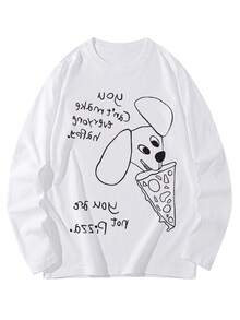 可爱小狗和披萨印花长袖T恤，女士宽松休闲白色上衣，手写标语，韩版风格 - 白色 - 查看 5