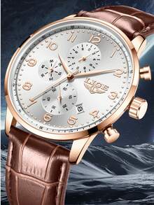 LIGE Men's Business Casual Watch Classic Three-Eye Clock Style Quartz Watch Waterproof Date Fashion Daily Wear, Gift Watch For Friends - Brown - View 3