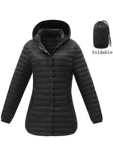 1pc Women's Lightweight Padded Coat, Spring New Style, Mid-Length, Outdoor Sports, Casual Versatile, Solid Color, Zipper, Spring Outwear - Black - View 1