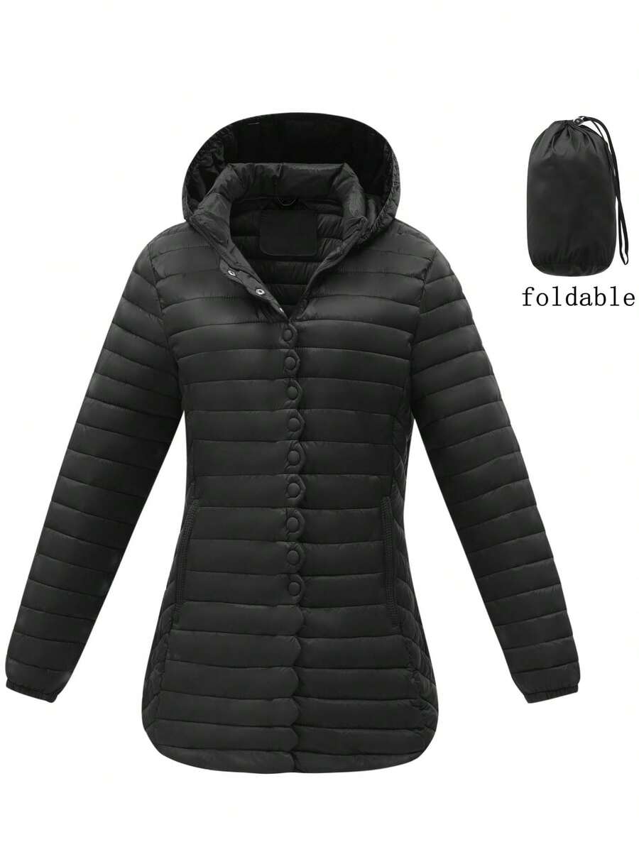 1pc Women's Lightweight Padded Coat, Spring New Style, Mid-Length, Outdoor Sports, Casual Versatile, Solid Color, Zipper, Spring Outwear - Black - View 1