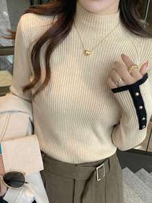 Women's Turtleneck Sweater, Apricot Color Block Design, Long Sleeve Knit Top With Metal Button Decor, Warm Base Layer For Commuting And Daily Wear, Early Spring - Apricot - View 2