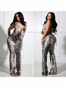 Fashion Zebra Pattern Women's Clothing Loose Wide-Leg Pants Set Backless Lace-Up Black And White Color Matching Two-Piece Set - Black and White - View 3