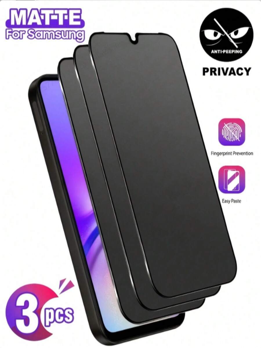 XINHONGYU 3片裝霧面防窺螢幕保護貼，專為 Galaxy A 系列智慧型手機設計。相容多款機型，包括 A07、A17、A56、A36、A26、A16、A06、A55、A35、A25、A15、A05、A05s、A54、A34、A24、A14、A04、A53、A33、A23 和 A13。具有抗指紋光滑塗層，易於貼附，無氣泡。