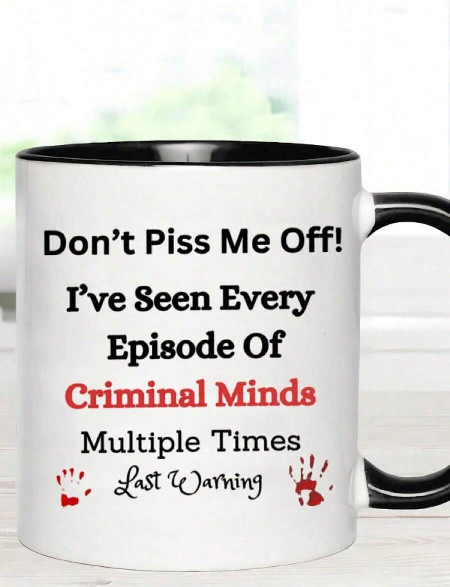 1pc Criminal Minds 11oz Ceramic Mug - Reusable Machine-Washable Coffee Cup With Comfort Grip And Humorous Warning Design - 列印 2 - 查看 1