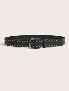 1pc Women's Vintage Gold Square Buckle Rivet Belt, Suitable For Dresses And Coats - Black - View 2