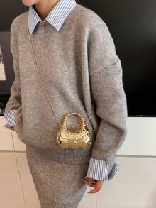 1pc Shiny Mini Bag, Fashion Glitter Ladies Handbag, Rhombus Pattern Evening Bag, Personalized Gold Women's Wallet, Earphone Mini Pouch, Can Hold Keys, Mini Bag, Ladies Bag, Cute Bag, With Detachable Strap Crossbody Chain Clutch - Gold - View 5