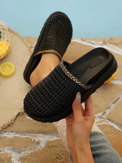 2026夏季新款厚底渔网编织厚底拖鞋，大码沙滩穆勒拖鞋