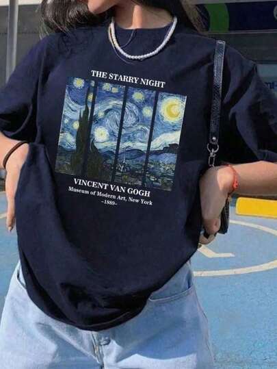 Camisa feminina van Gogh máximo conforto casual modelo 100% algodão manga curta e gola redonda