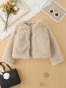Girls Khaki Faux Fur Long Sleeve Jacket, Fashion Khaki Faux Fur Coat For Girls In Autumn/Winter