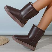 1 Pair Thick Plush Tall Boots, Thick Sole Versatile Women Slip-On Mid-Calf Boots - Brown - View 6