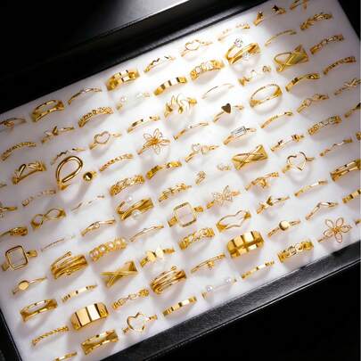 22/45pcs/Set Fashionable Bohemian Geometric Minimalist Asymmetrical Rings Set, Faux Pearl Gold Color Finger Jewelry, Women Jewelry Gift, Daily Accessories