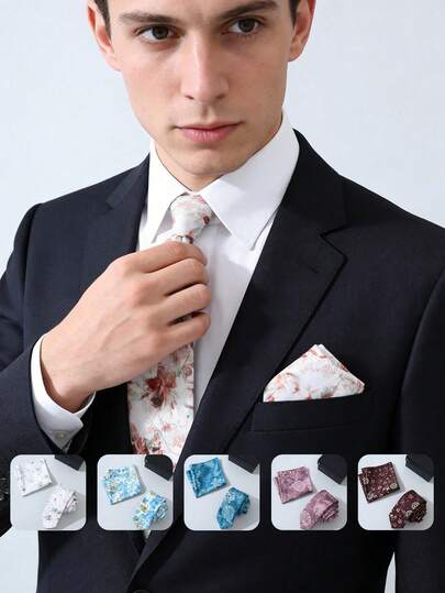 1件装高端礼盒男士花卉休闲领结套装，印花领带+手帕套装，适合正式场合、宴会、婚礼和四季穿着。