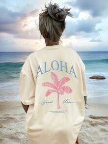 Women's New Palm Tree Slogan Print Casual Round Neck Short Sleeve T-Shirt, Fashionable Resort Style, Your Daily Essential. Graphic Tee, Women's T-Shirt Tops, Vacation Summer - Apricot - View 6