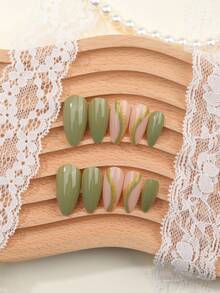 24pcs French Green Line Glitter Press-On Nails, With Jelly Gel And Nail File, Durable And Chic, Suitable For Holidays, Daily Wear, School, Office, Party, Nail Art, Nail Kit - Multicolor - View 4