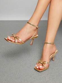 Women Stiletto Heeled Sandals With Bowknot Decor, Fashion Kitten Heels Square Open Toe Ankle Strap Heeled Sandals For Wedding Party Evening - Vàng - Xem 1