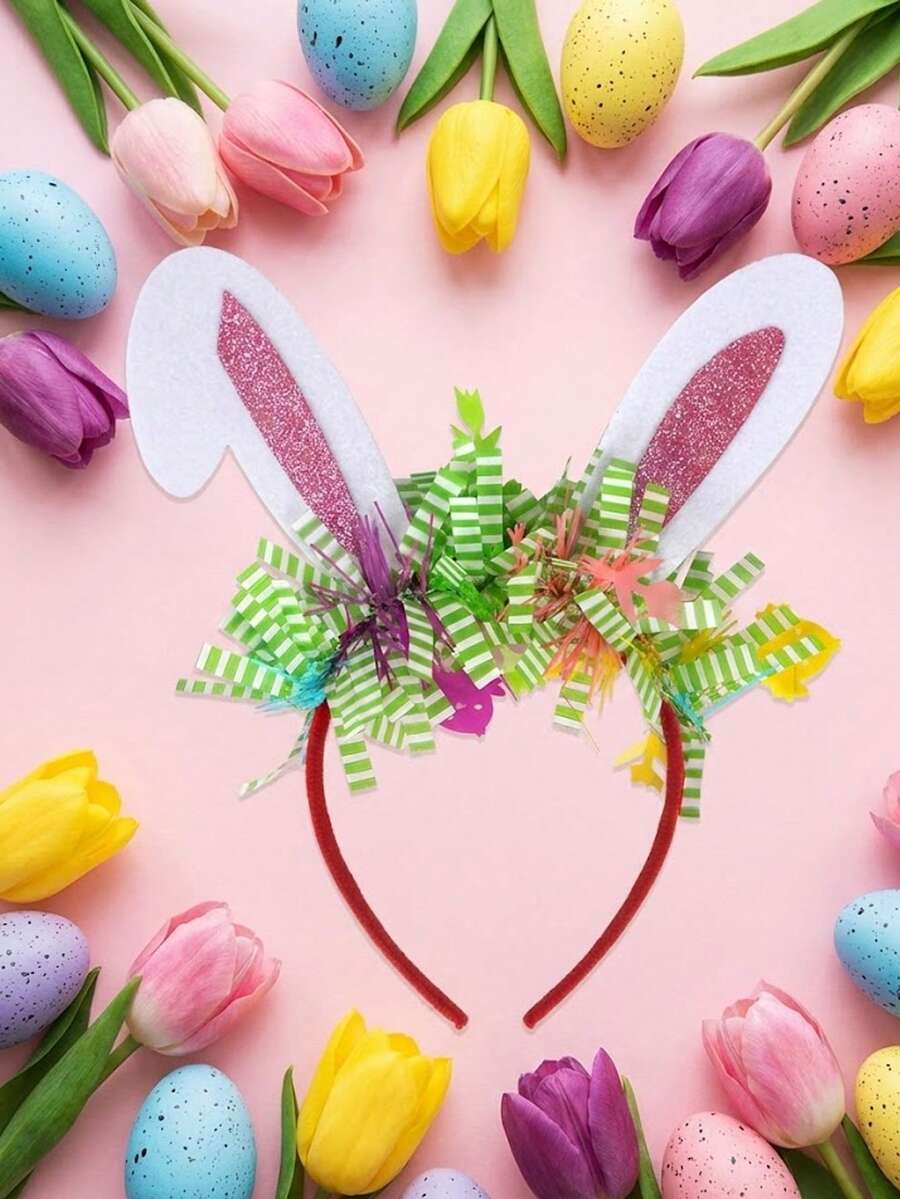 1个亮粉色兔耳朵发箍，带绿色金属丝和可爱吊坠，节日复活节派对服装发饰，女士拍照道具 - 彩色 - 查看 1
