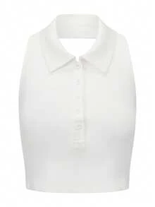 Top corto de cuello halter acanalado blanco ROSIE POPHUB, top sin mangas con botones polo, top de punto elegante sin espalda para noches de verano casuales y de cita - Blanco - Ver 5