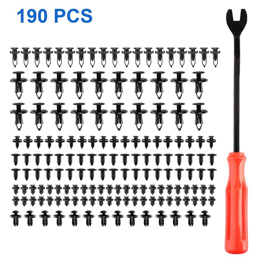 190pcs Car Retainer Clips, 6 Size Plastic Fasteners Kit With Remover Tool, Universal Auto Trim Panel Clip Bumper Push Rivet Clips, Black - A - View 1