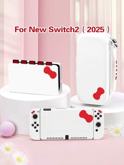 1pc Pink Cute Bow Design Switch Protective Case, Compatible With Switch 2 (2025), Suitable For Switch OLED/Switch NS, With Storage Pouch, Card Slot Base, Game Card Holder, Switch Console Protective Cover, Best Gift For Switch Players