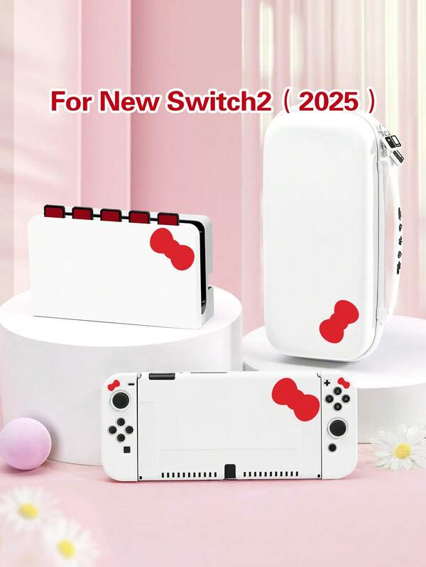 1pc Pink Cute Bow Design Switch Protective Case, Compatible With Switch 2 (2025), Suitable For Switch OLED/Switch NS, With Storage Pouch, Card Slot Base, Game Card Holder, Switch Console Protective Cover, Best Gift For Switch Players