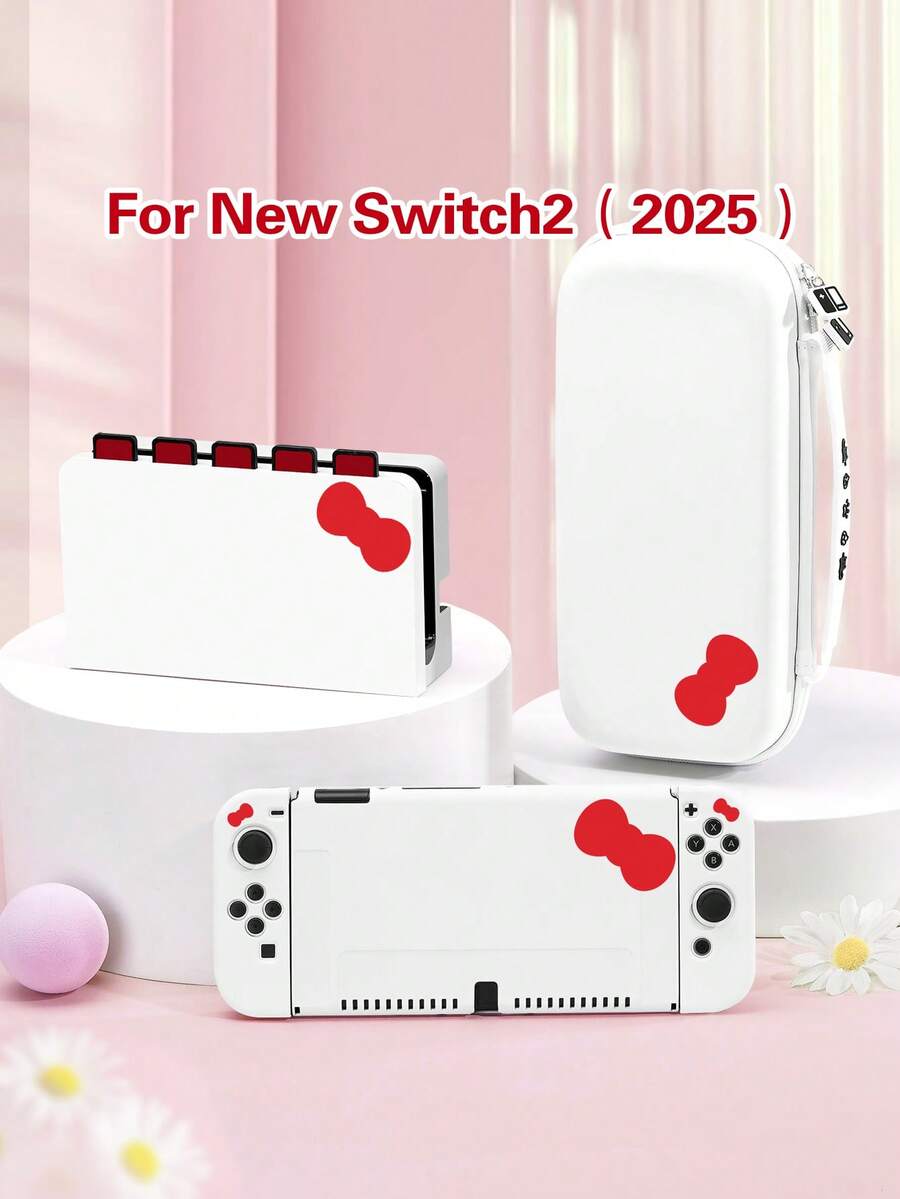 1 pieza Estuche protector con diseño de lazo rosa lindo, compatible con Switch 2 (2025), adecuado para Switch OLED/Switch NS, con bolsa de almacenamiento, ranura para tarjetas, soporte para tarjetas de juego, cubierta protectora para consola Switch, mejor regalo para jugadores de Switch - Multicolor - Ver 1