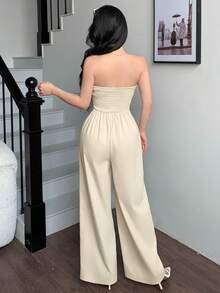 abyoxi 女士杏色无肩带露背褶皱腰身修身阔腿连体裤，性感优雅，简约复古，休闲通勤，日常外出，约会，春夏长款连体裤 - 杏色 - 查看 2