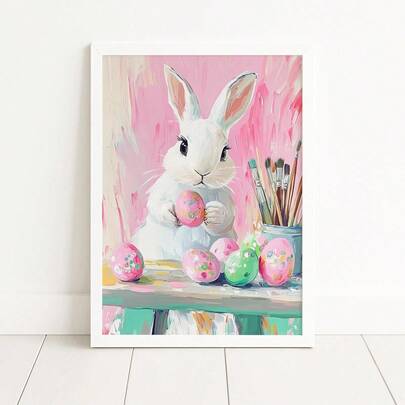 1pc Easter Bunny Oil Painting Canvas Wall Hanging - White Bunny Decorative Egg, Made Of Waterproof Canvas, Can Be Hung Directly. Suitable For Home Decoration, Room Decoration, Bedroom Decoration, Living Room Decoration, Bathroom Decoration, And Wall Decoration. Frames Are Optional.