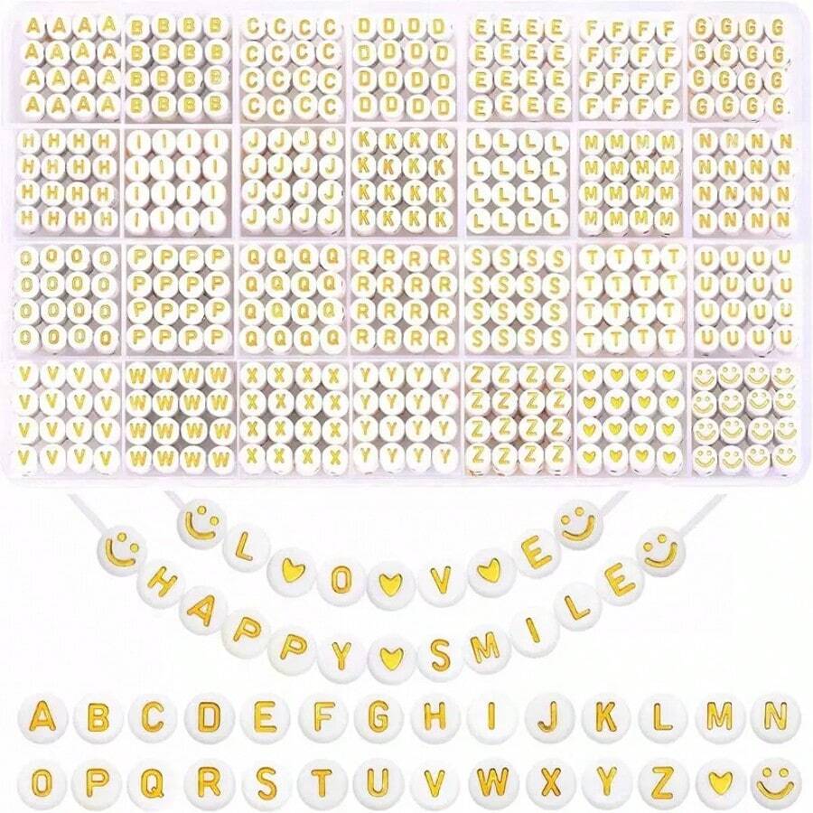 1 Box Round Letter Beads, 28 Styles Gold A To Z Alphabet Acrylic Beads Set, Heart Shaped Beads, Suitable For DIY Bracelets, Necklaces And Jewelry Making, Valentine's Day Handcraft Gift - Multicolor - View 1