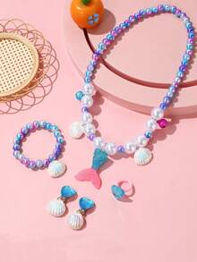 5pcs Girls Mermaid Princess Jewelry Set, Includes Necklace, Bracelet, Earrings, Ring, Suitable For Girls Party Favors/Birthday Gifts/Holiday Gifts - Multicolor - View 8