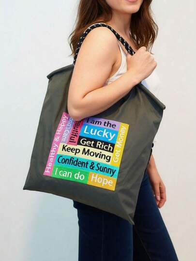 1pc Fashionable Versatile Embroidered Tote Bag, Flower Cart Pattern, Lightweight Commuter Nylon Foldable Shopping Bag