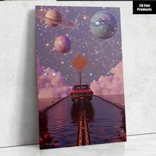 1PCS Space Wall Art Surreal Red Car Driving Into Galaxy Canvas Painting Aesthetic Poster Print Modern Decor For Living Room Bedroom Office Unique Sci-Fi Galaxy Theme Gift For Astronomy Lovers Dreamy Purple Sky With Planets Landscape Artwork High Quality Framed Wall Hanging Home Decoration - 彩色 - 查看 1