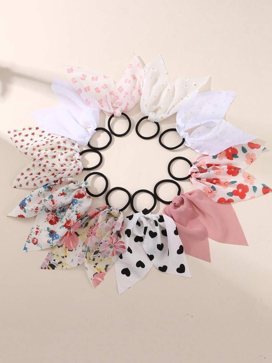 10个装女士时尚优雅白色、粉色、黑色爱心蝴蝶结水钻布艺花朵发圈，适合日常、节日、派对装饰，可搭配头饰、马尾辫发圈、发绳、橡皮筋发圈、发绳、弹力发圈 - 彩色 - 查看 1