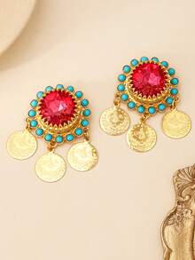 2pcs Fashion Fringed Gold Coin Brooch, Featuring Three-Dimensional Rhinestones And Imitation Turquoise Decorations. Suitable For The Middle East Region (Saudi Arabia, Kuwait). Suitable For Women To Wear On A Daily Basis, During Festivals, Or At Wedding Occasions. - Brooch - View 2