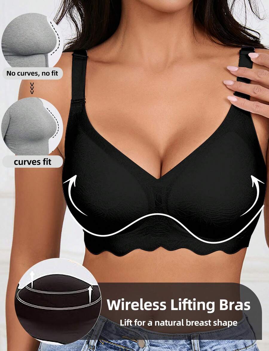 Wireless Push Up Bra For Women - Supportive No Underwire Comfy Bralette With Deep V Wavy Neck & 3D Lifting Cups, Breathable Soft Bandeau Bra Hide Side Fat - 黑色 - 查看 1