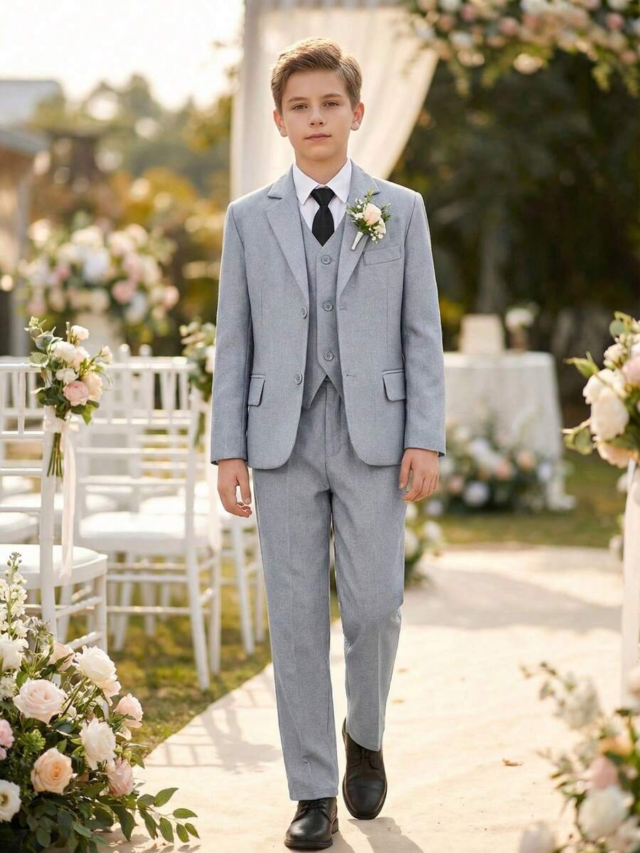 青少年男孩4件式正式西裝套裝,包含西裝外套、背心、直筒長褲、領帶,適用於婚禮、畢業典禮、派對及其他正式場合,淺灰色 - 淺灰色 - 查看 1