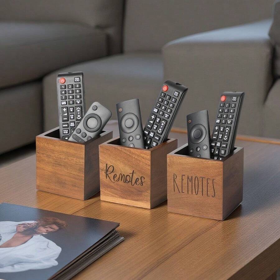 1个木质遥控器收纳盒，电视遥控器整理器，桌面遥控器收纳架，床头柜遥控器收纳盒，客厅卧室媒体存储木质遥控器盒 - 棕色 - 查看 1