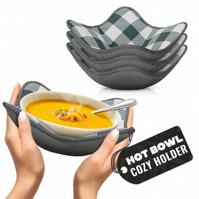 4 Pcs Gray & White Checkered Microwave Bowl Cozy Holders, Heat Resistant & Anti-Scald Soft Fabric Bowl Mats, Reusable & Washable Hot Food Hand Protectors, Convenient Kitchen Accessories For Home Daily Use