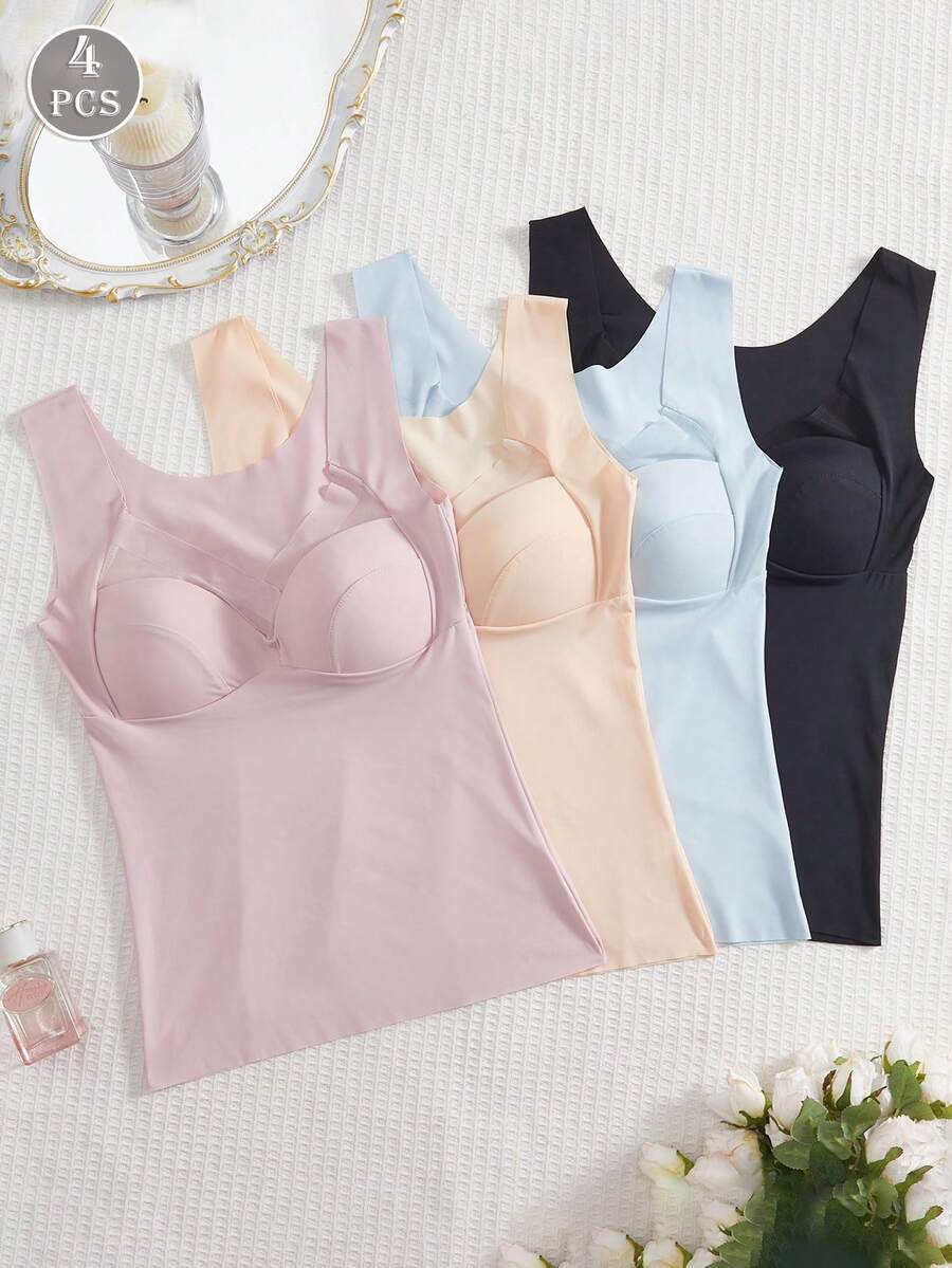4件装女士吊带背心，内置衬垫，丝滑面料 - 彩色 - 查看 1