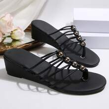 Boho Dressy Cute Clip Toe Sandal Wedge Sandals Women's Gold Strappy Sandals Round Toe Wedding Slides Shoes For Summer Beach - 黑色 - 查看 2