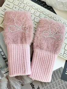 1 Pair Solid Color Rhinestone Bow Half Finger Gloves, Women's Plush Half Finger Gloves Suitable For Outdoor Warmth And Cold Protection In Autumn/Winter - Multicolor - View 4
