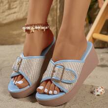 Damen Mode 2026 Sommer Boho Keilabsatz Plateau Runde Zehenkappe mit Metallschnalle Slip-On Braun & Hellblau Lässig Sandalen, geeignet für Zuhause, Strand, Urlaub und Alltag - Babyblau - Übersicht 11