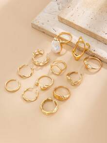 12pcs Vintage Gold Tone Open Rings Set, Creative Geometric Asymmetrical Lava Teardrop Rings, Exaggerated Hollow Design Rings, Baroque Asymmetric Pearl Decor Rings - Yellow Gold - View 3