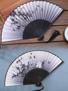 1pc Retro Folding Fan, Tassel Handheld Bamboo Fan, Crabapple Fan, Bamboo Fan, Painted Fan, Folding Hand Fan, Wedding Hand Fan, Party Hand Fan, Decorative Fan, Elegant Casual Style, Mother's Day Gift, Birthday Gift, Back To School Gift, Home Decor, Bamboo Art Ornament, Beach Essentials, Graduation Season, Commencement, Congrats Grad, Graduation Party, Travel Hiking Essentials, Camping Essentials, Portable Tools, Summer Essentials, Summer Portable - Multicolor - View 6