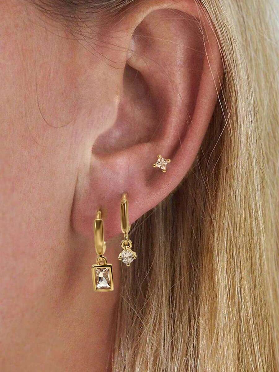 Nooxian 3pcs/Set Women Jewelry Set, Geometric Element Micro-Inlaid Zirconia Geometric Drop Earrings & Stud Earrings, Suitable For Casual Daily Wear - Yellow Gold - View 1